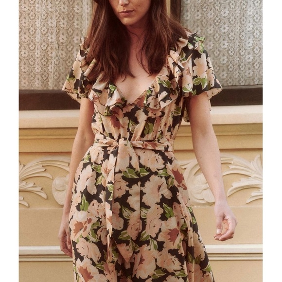 NWT THE GREAT. Midi Floral Ruffle Silk The Parish Dress - Picture 3 of 7